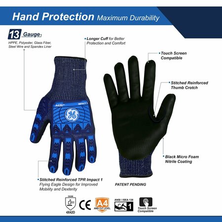 Ge Impact Gloves, Micro Foam Nitrile, 13GA, 1Pair, XL GG242XLC